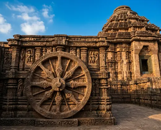 Carved stone chariot wheel at the Konark Sun Temple, Odisha