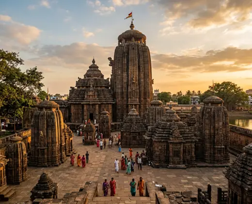 Ancient Kalinga-style temple spires in Bhubaneswar at golden hour